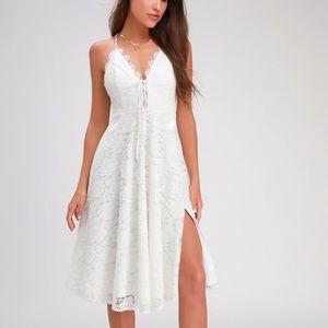 Lulu’s White Lace Lace-Up Midi Dress